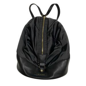 Loume Black Nylon and Vegan Leather Slouchy Backpack, Gold hardware